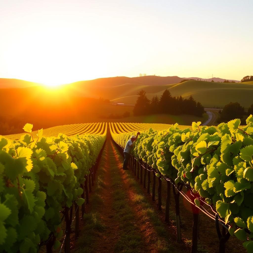 Sunset over Jackson Family Wines’ Sonoma County vineyard with workers tending grapevines