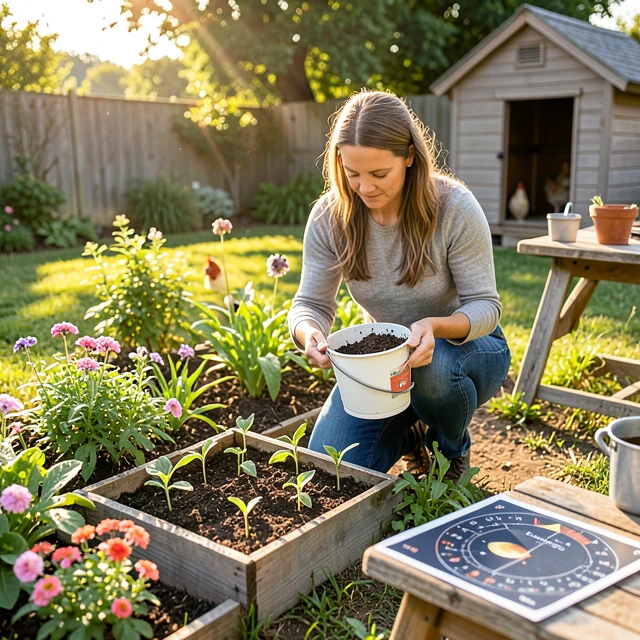 Beginner setting up a home biodynamic garden with compost and seedlings