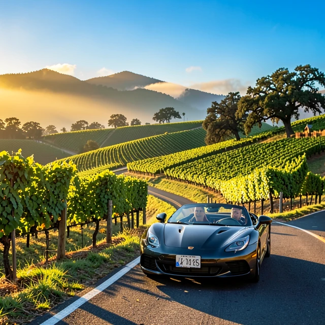 Convertible car driving through scenic Napa Valley vineyards during a road trip