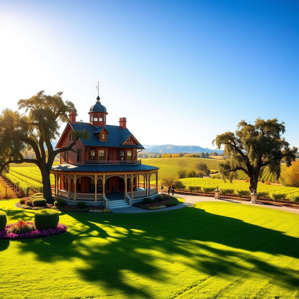 The historic Rhine House at Beringer Vineyards bathed in afternoon sunlight