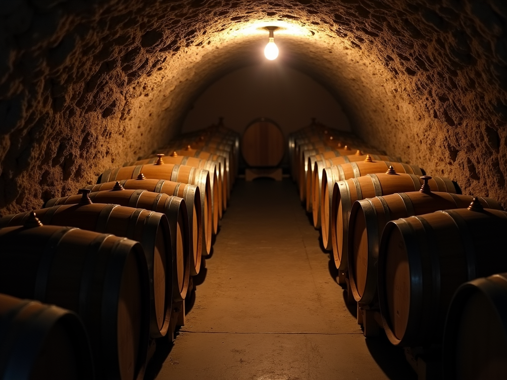 Oak barrels in a wine cellar