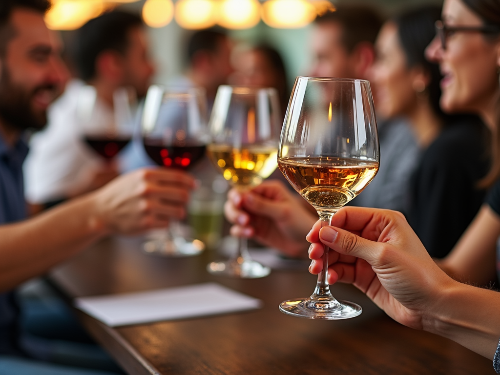 People enjoying a wine tasting event with appropriate wine glasses.