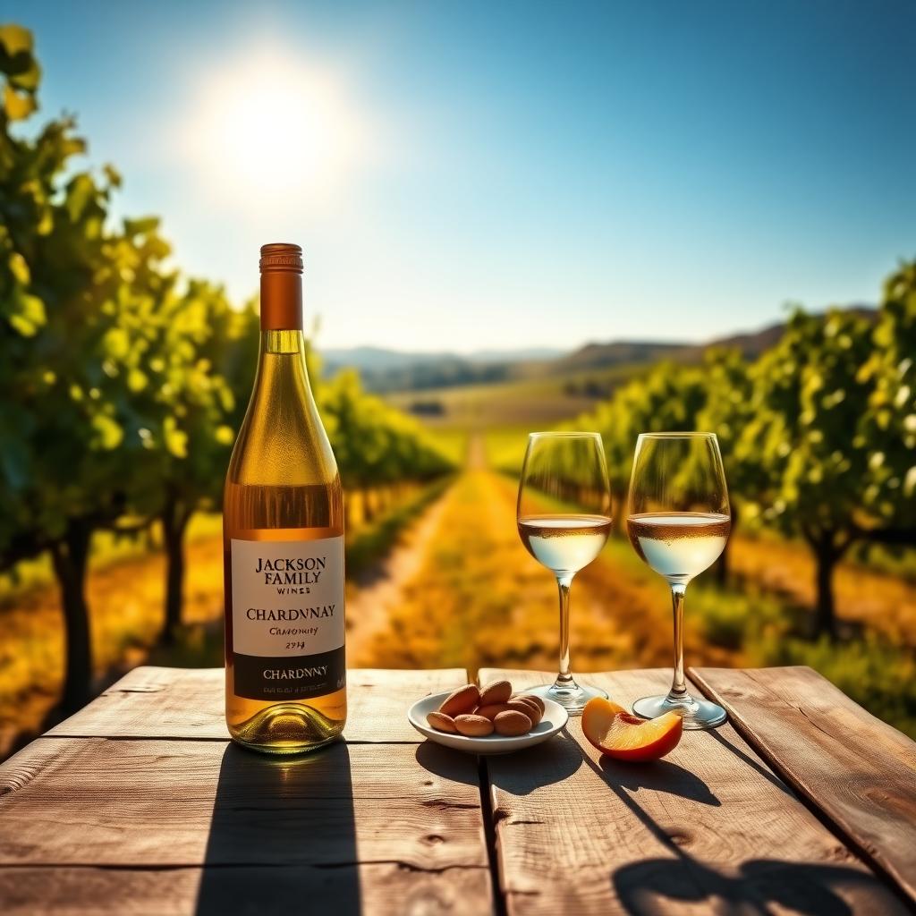 Sunlit Sonoma County vineyard with a table displaying a bottle of Jackson Family Wines Chardonnay, two glasses, and a plate of peaches and almonds.