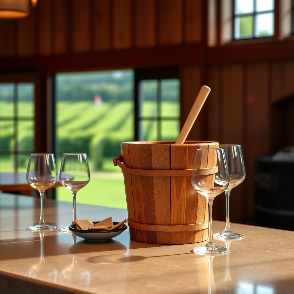 Spit bucket and wine glasses on a tasting room counter with vineyards in the background