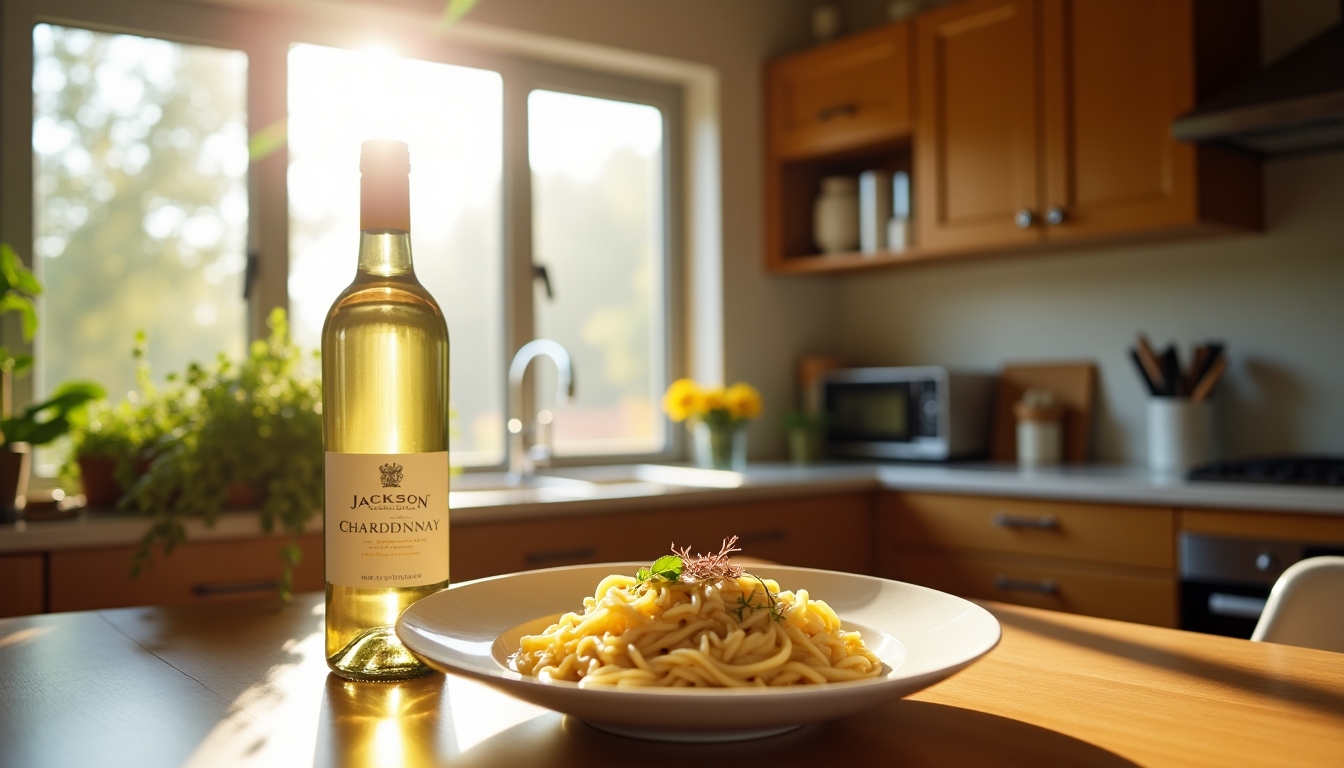 A sunlit kitchen with Jackson Family Chardonnay and a creamy pasta dish.