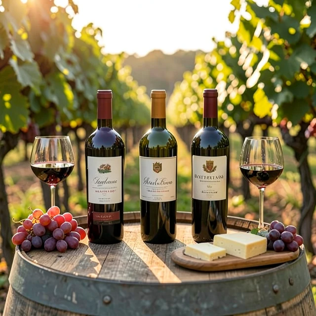 Outdoor wine tasting featuring premium bottles surrounded by fresh grapes in a vineyard setting