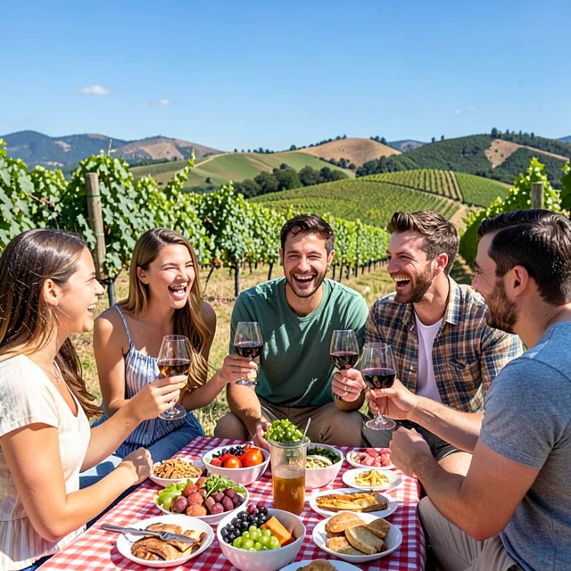 Friends picnicking in a scenic Sonoma vineyard