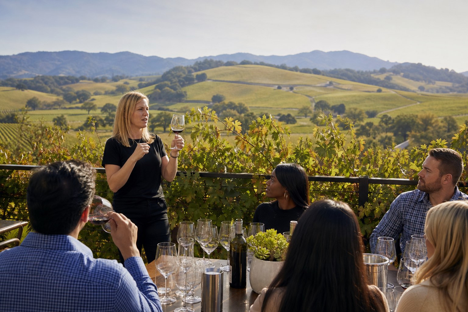Guests enjoying an outdoor wine tasting experience at Beringer with panoramic vineyard views