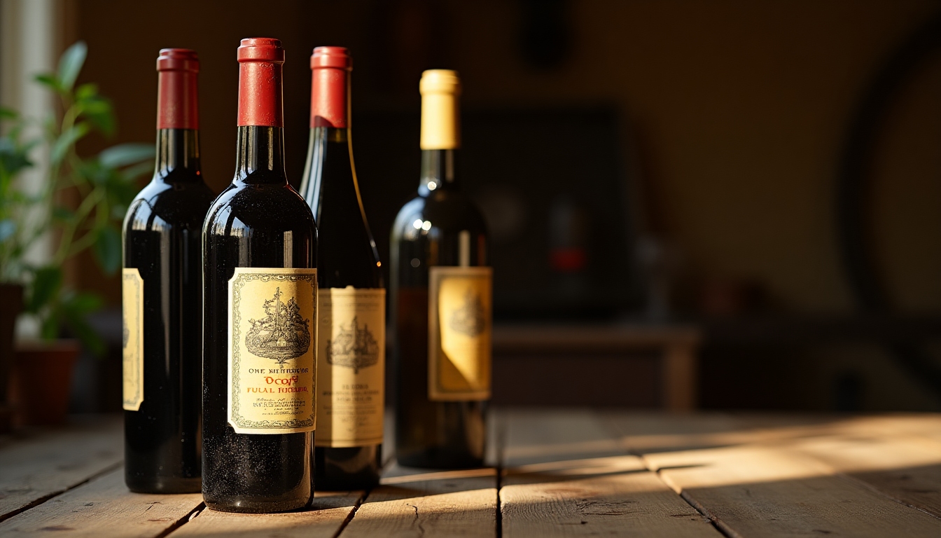 A collection of vintage wine bottles on a rustic wooden table, highlighting aged labels.