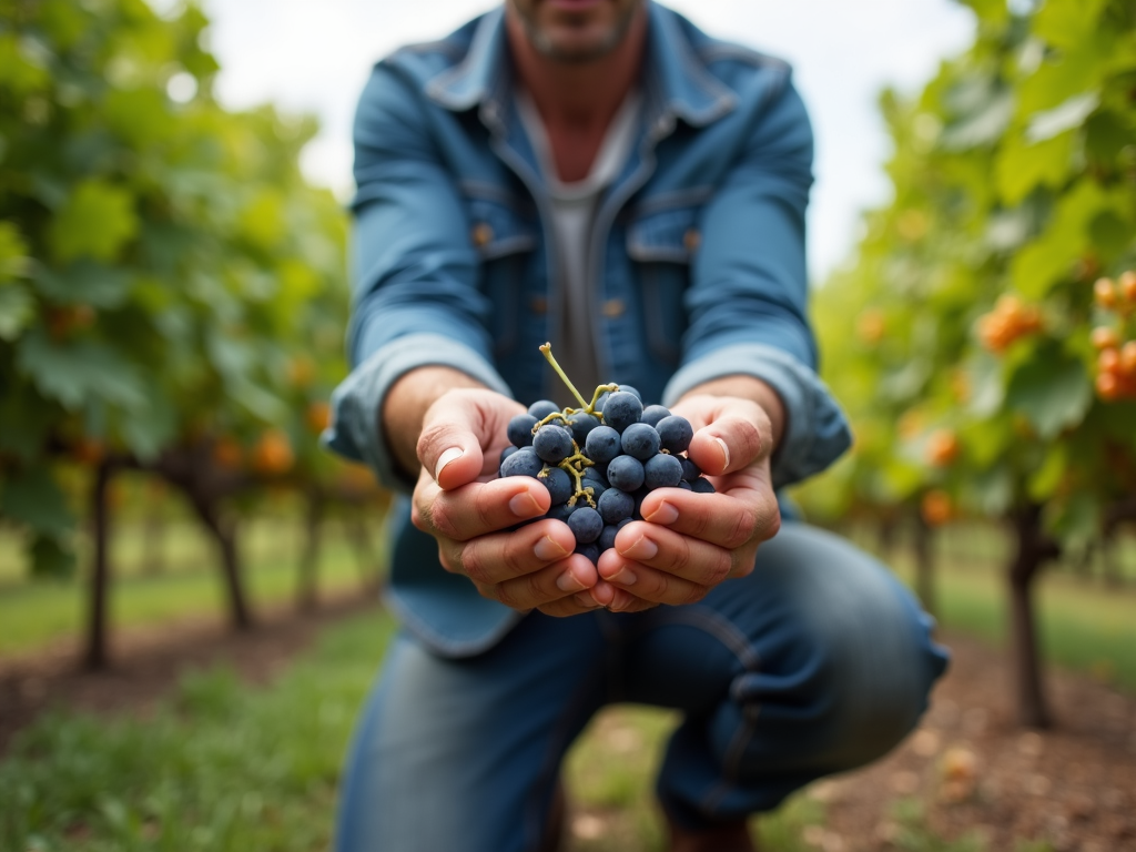 Winemaker inspecting grapes
