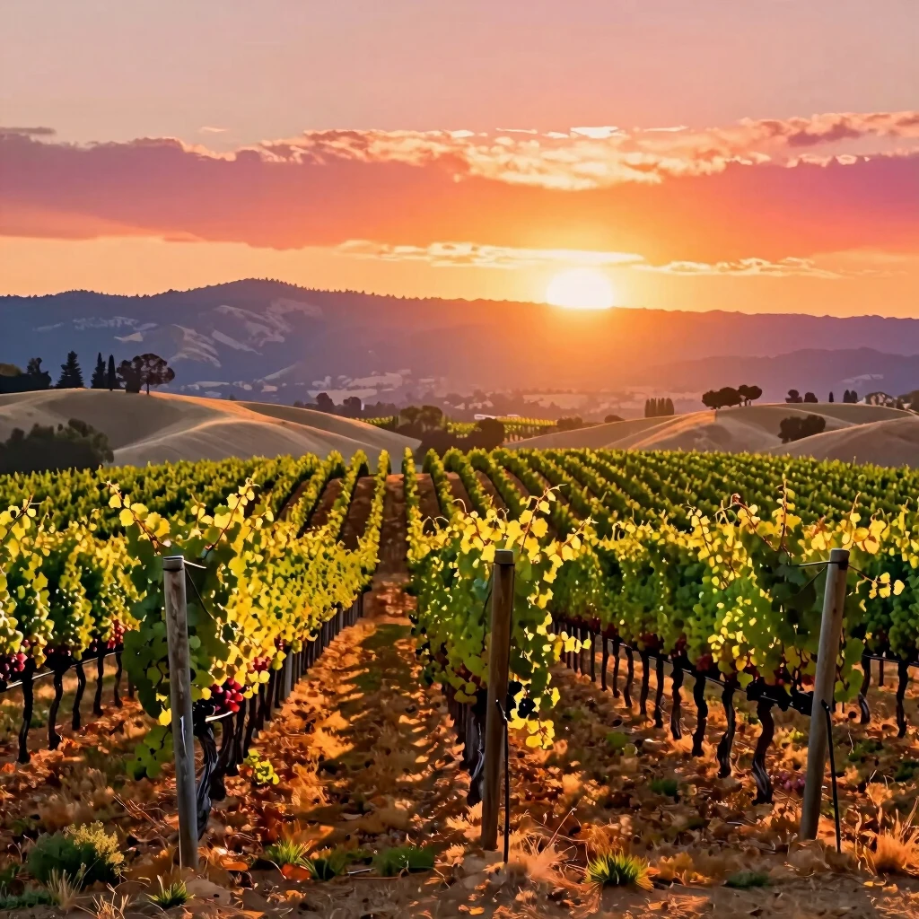Napa Valley vineyard at sunset with rolling hills and grape vines