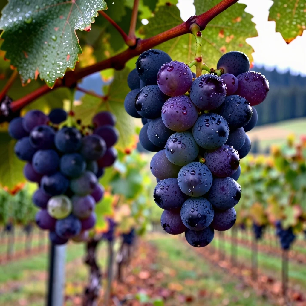 Close-up of dew-covered Pinot Noir grapes in Oregon vineyard