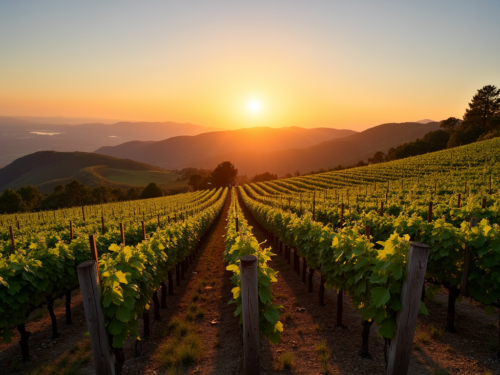 Mountain vineyard at sunset