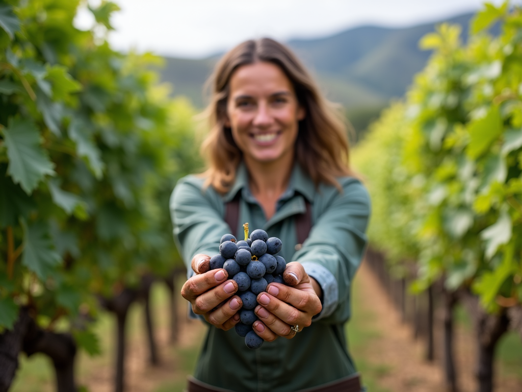 Winemaker with grapes in a biodynamic vineyard, reflecting sustainable care.