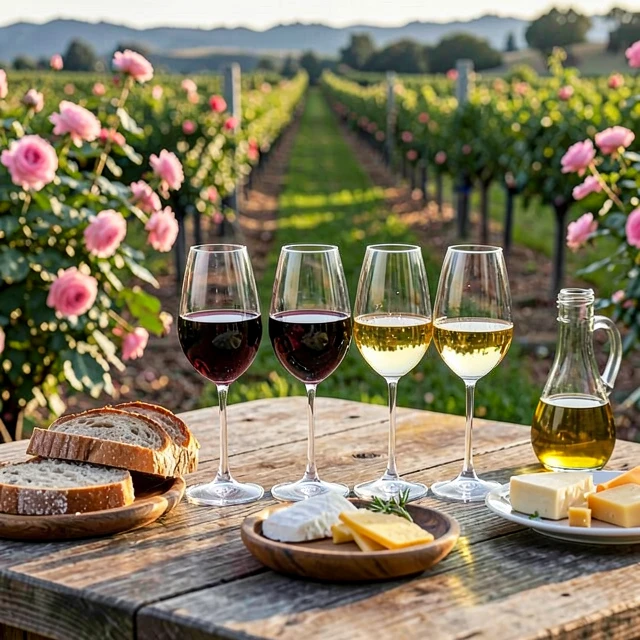 Wine tasting flight at Kendall-Jackson estate in Sonoma County with gardens