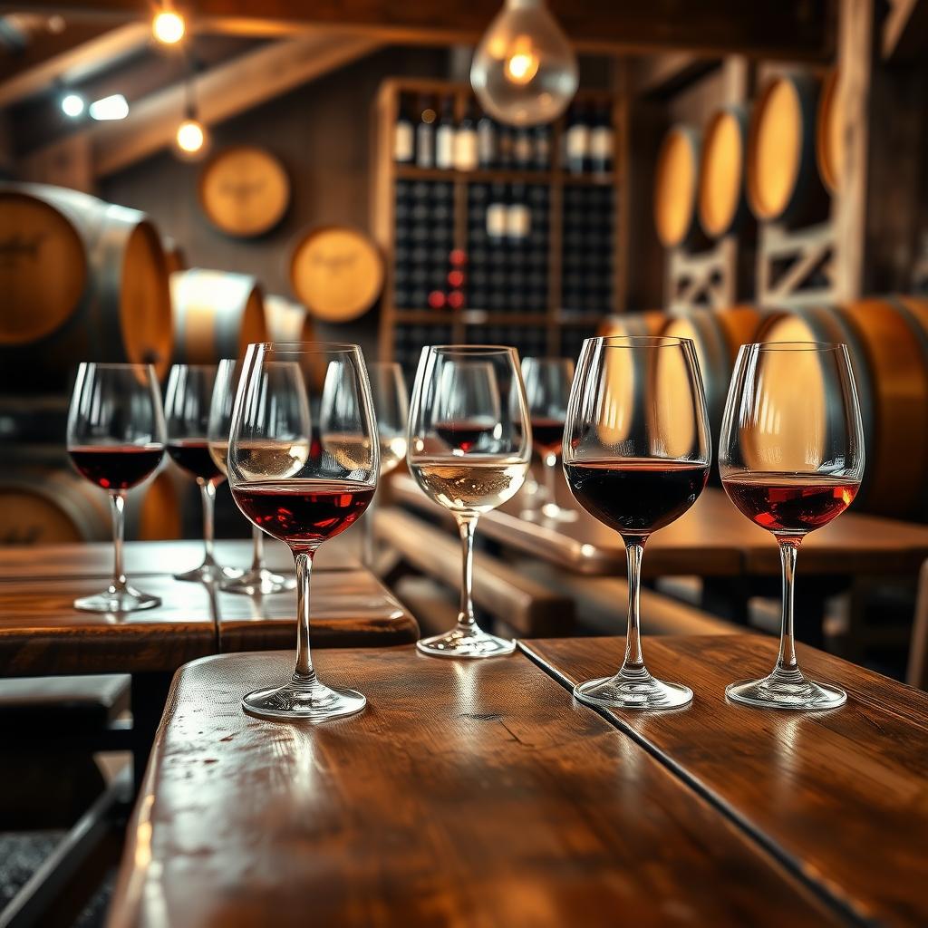 Cozy winery tasting room with wooden tables, wine glasses, and oak barrels in the background.