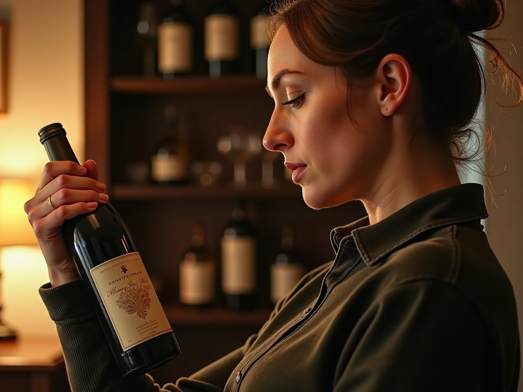 Wine enthusiast examining a wine label, demonstrating how to read it carefully.