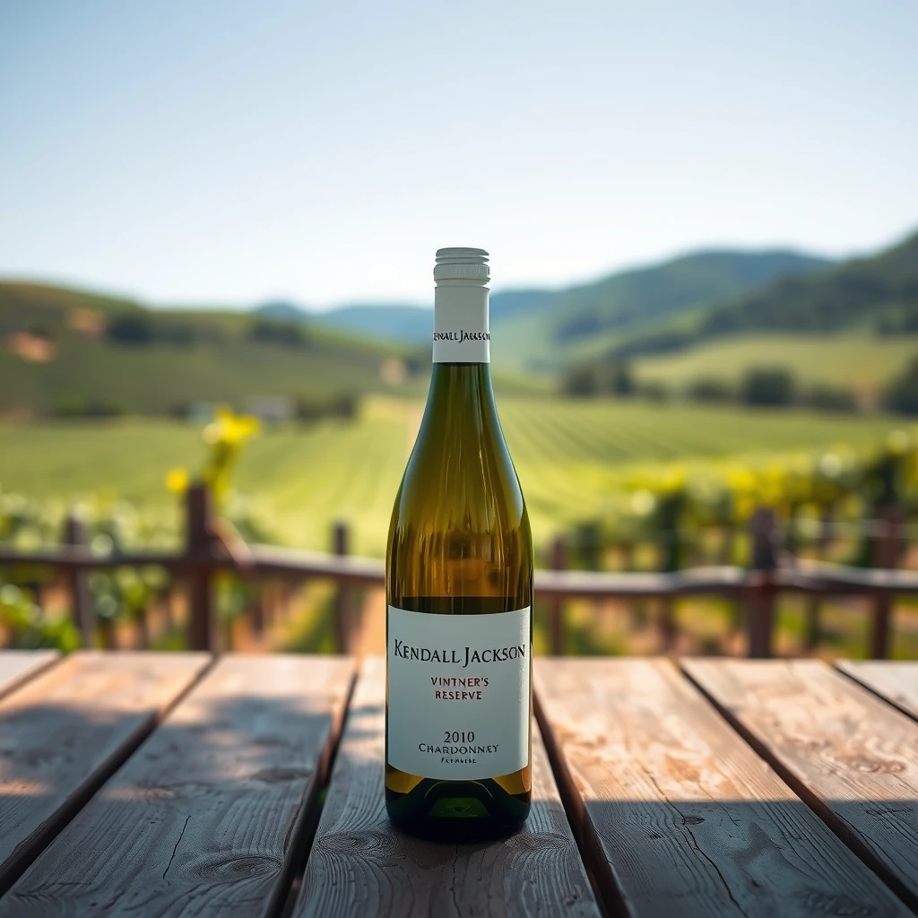 Kendall-Jackson Vintner's Reserve Chardonnay bottle on a wooden table with vineyard background
