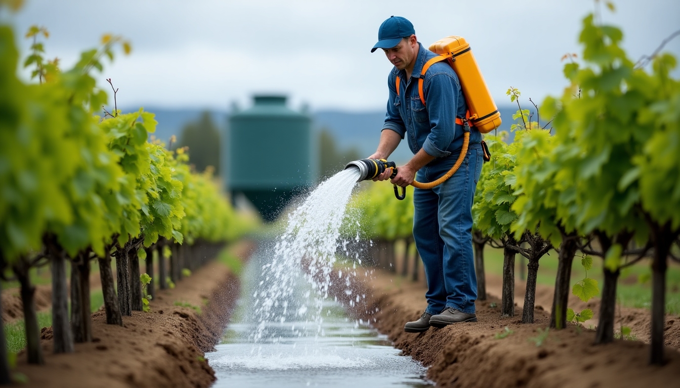 Vineyard worker using recycled water for irrigation