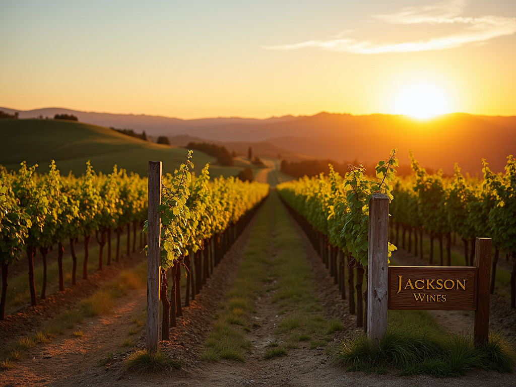 Vineyard at sunset with Jackson Family Wines sign
