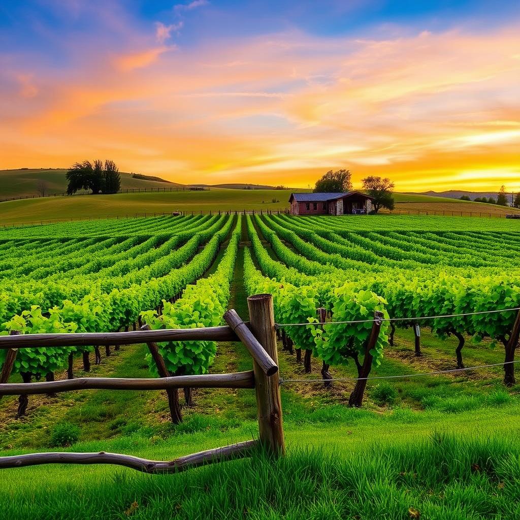 Golden hour at a Sonoma County vineyard with rows of grapevines and a winery in the background