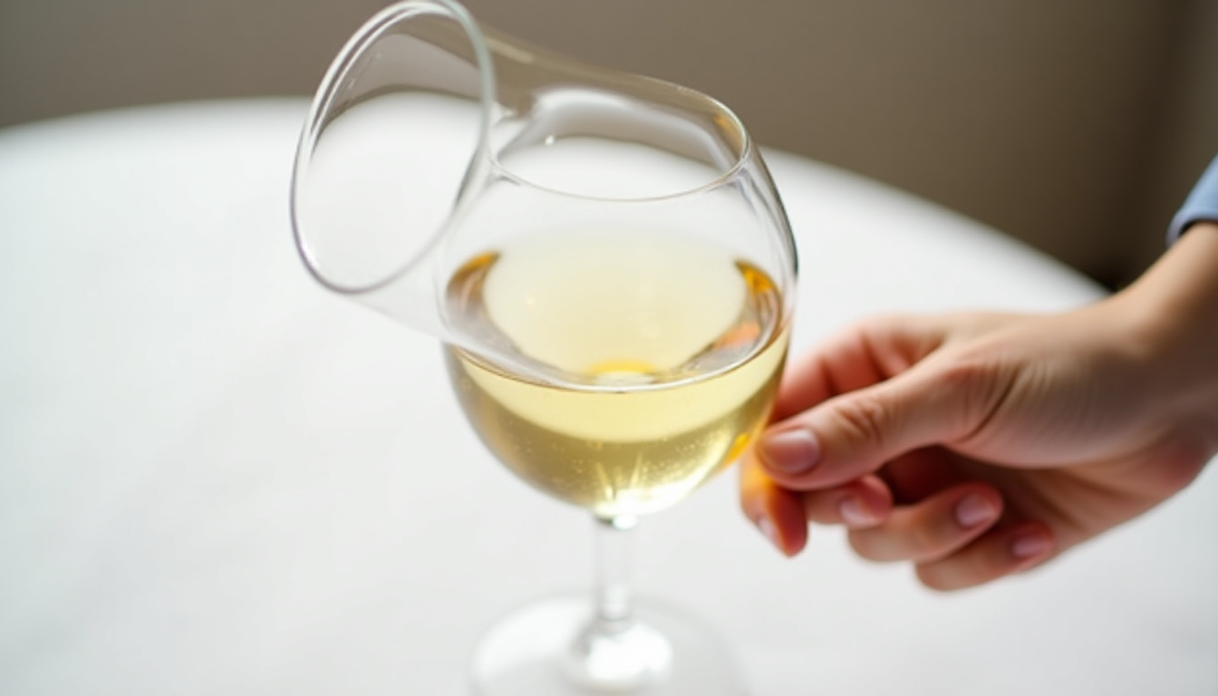 Examining the pale color of a white wine in a glass