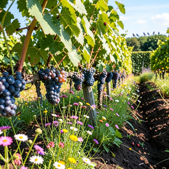 Close-up of biodiversity thriving in a sustainable vineyard with beneficial insects and native plants