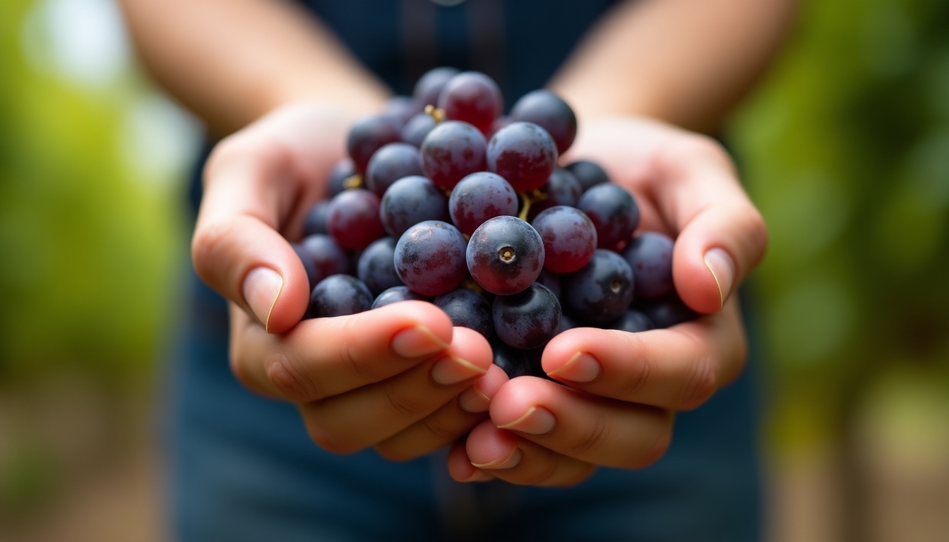 Winemaker holding grapes in vineyard