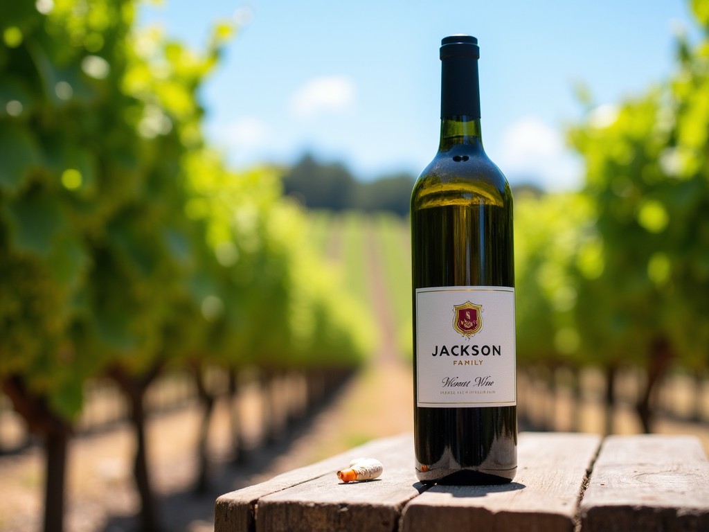 A close-up shot of a Jackson Family Wines bottle on a vineyard table, with lush vineyard rows in the background, symbolizing the farm-to-bottle experience.