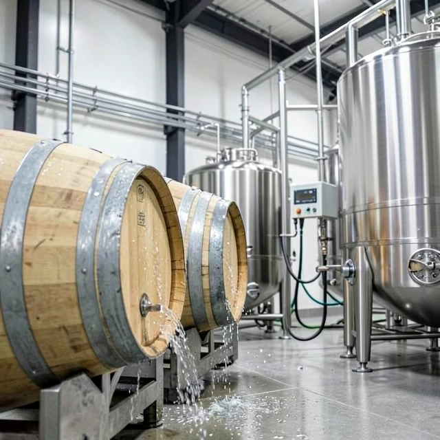Winery barrel washing using recycled water to save resources