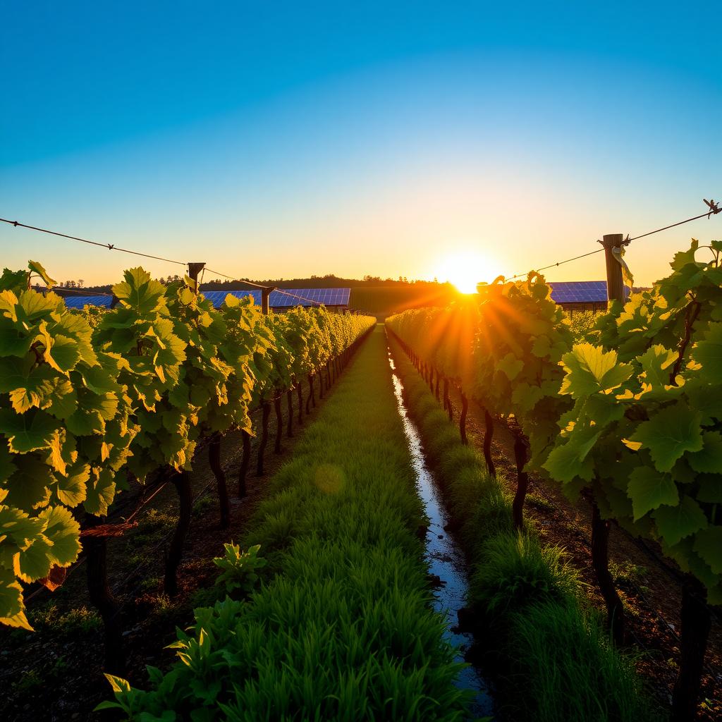 Sunset over a sustainable vineyard with grapevines, cover crops, and solar panels