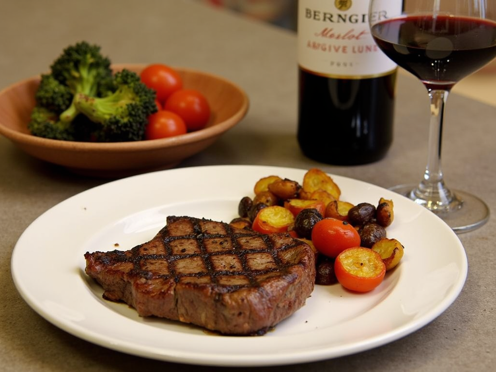 Grilled steak and Beringer Merlot wine pairing on a dinner table