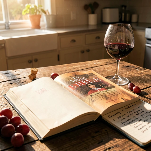 Open The Wine Bible book on a table with wine glass and grapes