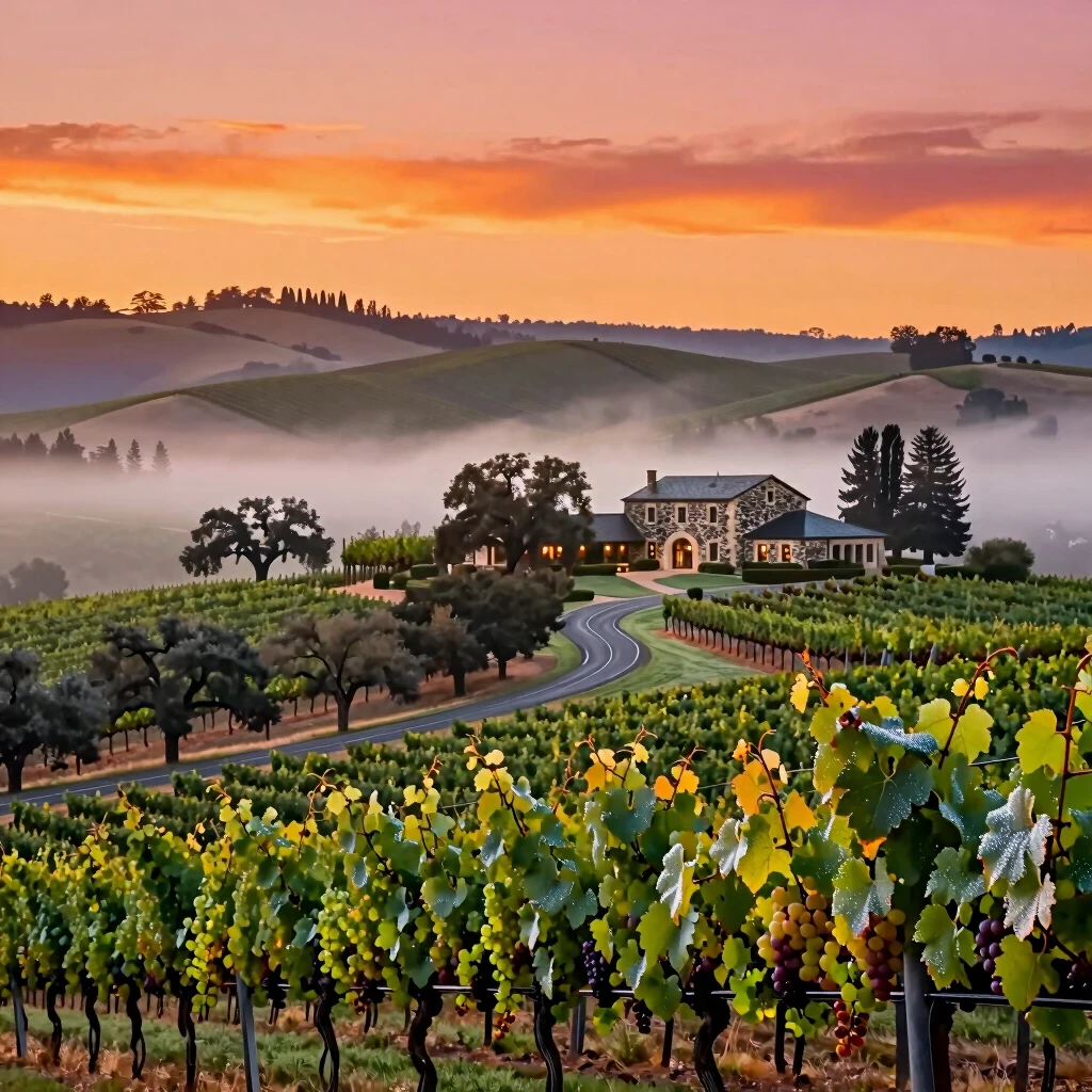 Scenic sunset over Napa Valley vineyards and winery