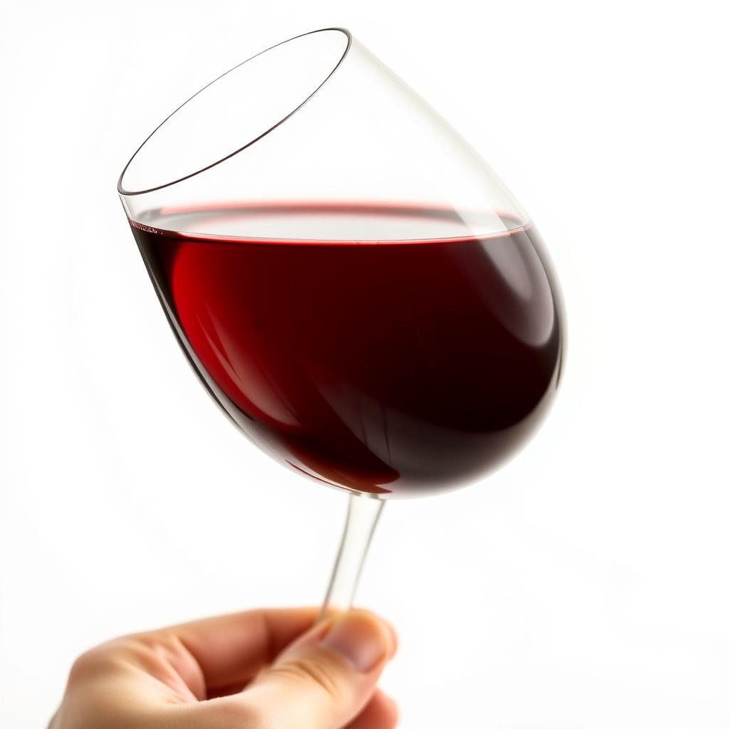 A hand tilting a glass of Cabernet Sauvignon against a white background, showing its rich color and legs.