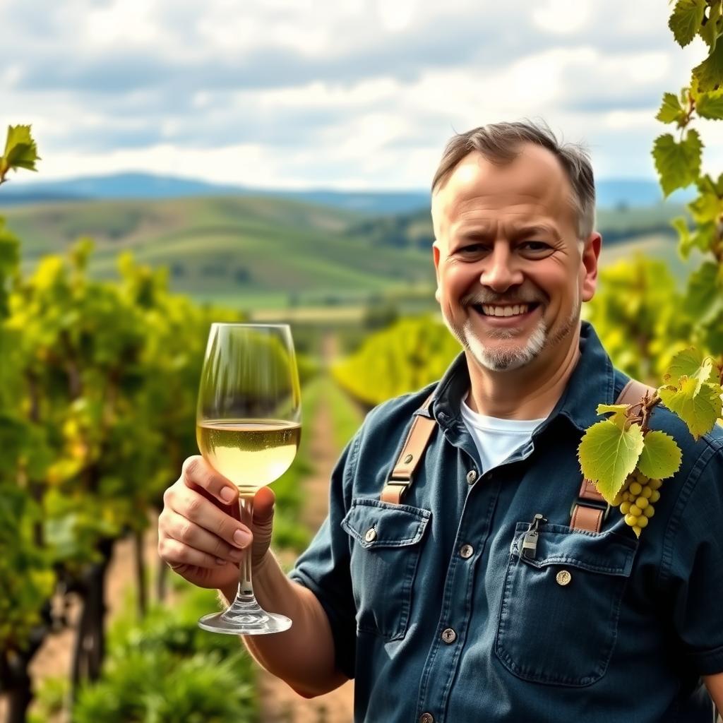 Winemaker holding a glass of Chardonnay in a Napa Valley organic vineyard.