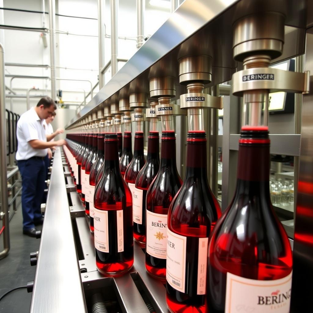 Beringer’s bottling line with workers and machinery filling wine bottles