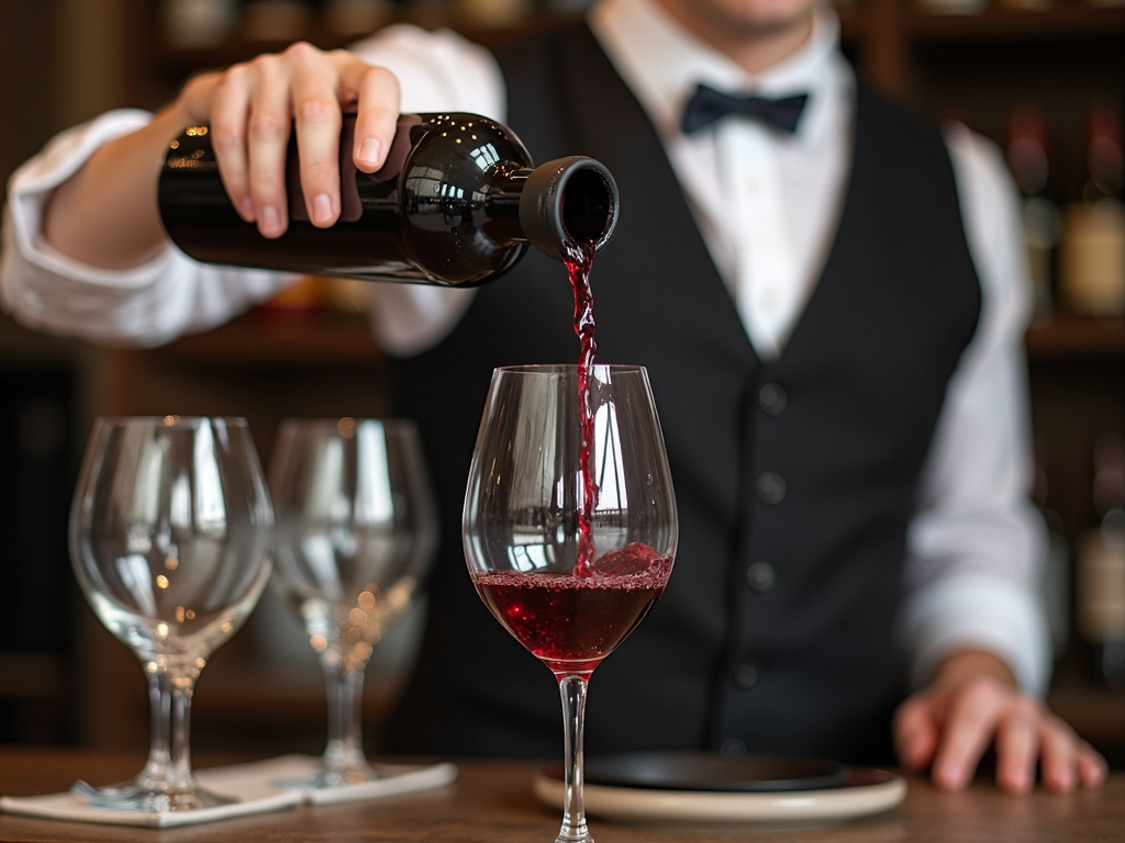A sommelier decanting red wine, enhancing its flavors and aromas.