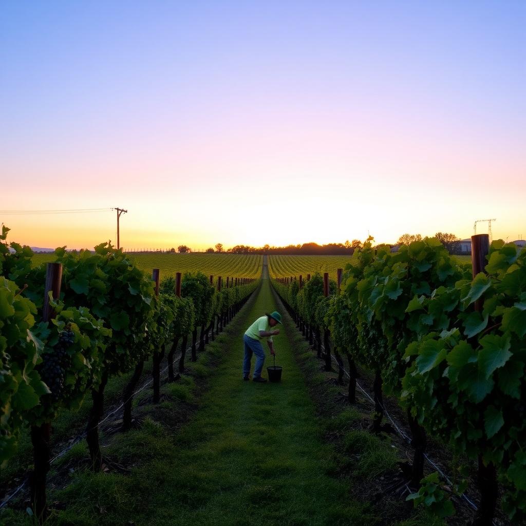 Vineyard at dusk with grapevines and worker.