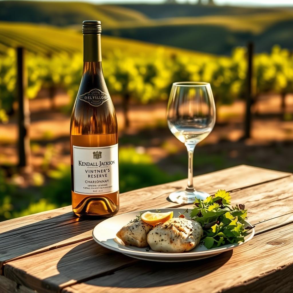 Outdoor dining scene with Kendall-Jackson Chardonnay and lemon-herb chicken on a vineyard table