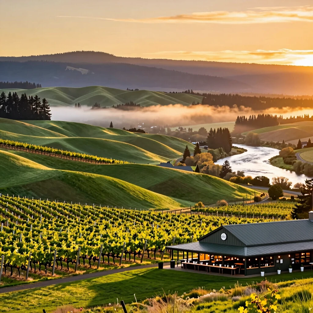 Sunset over Willamette Valley vineyards with distant mountains
