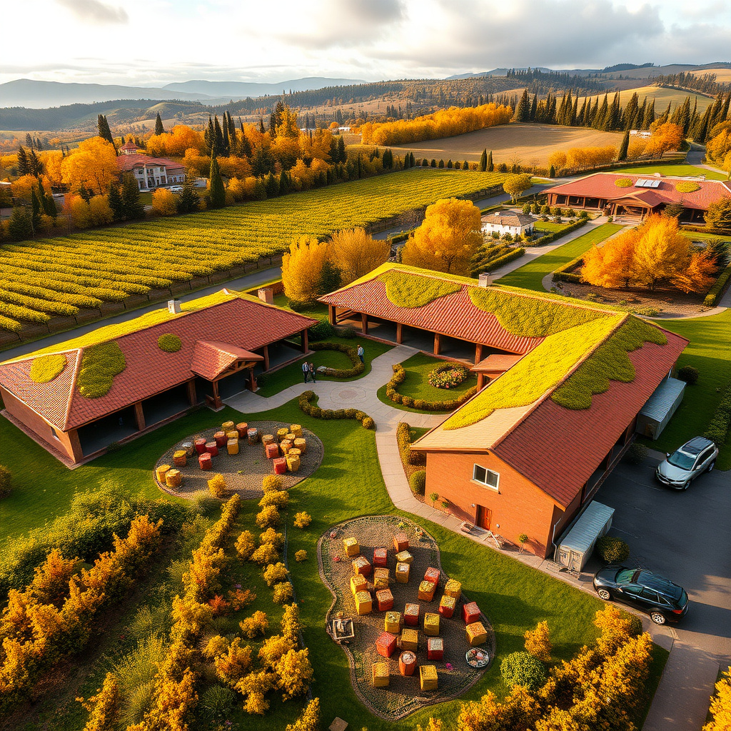 Aerial view of sustainable winery operations with biodiversity elements