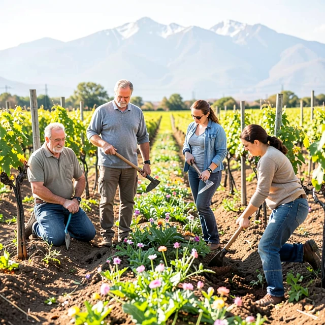 Diverse winemakers collaborating in a sustainable vineyard, promoting eco-friendly viticulture.