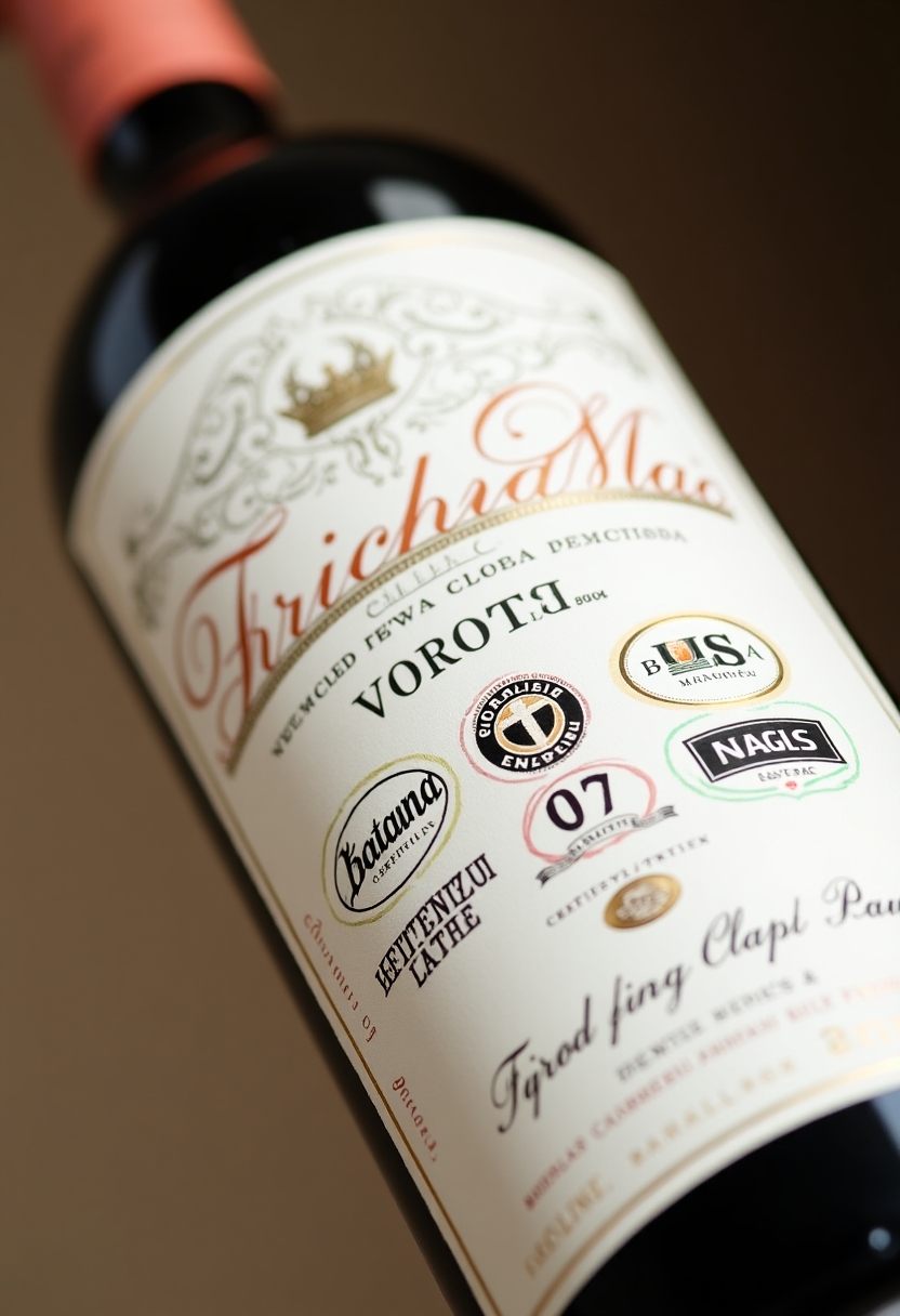 Close-up of wine label certifications