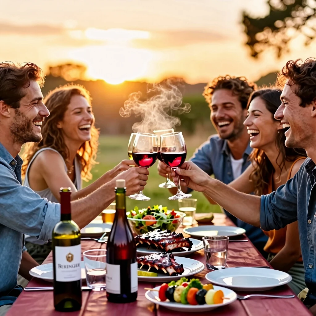 Friends enjoying an outdoor barbecue with Beringer wine pairings at sunset