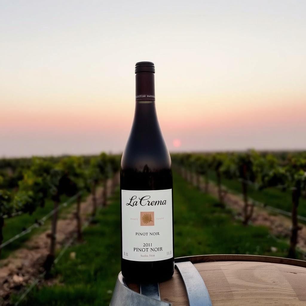 Sonoma County vineyard with La Crema Pinot Noir bottle at sunrise