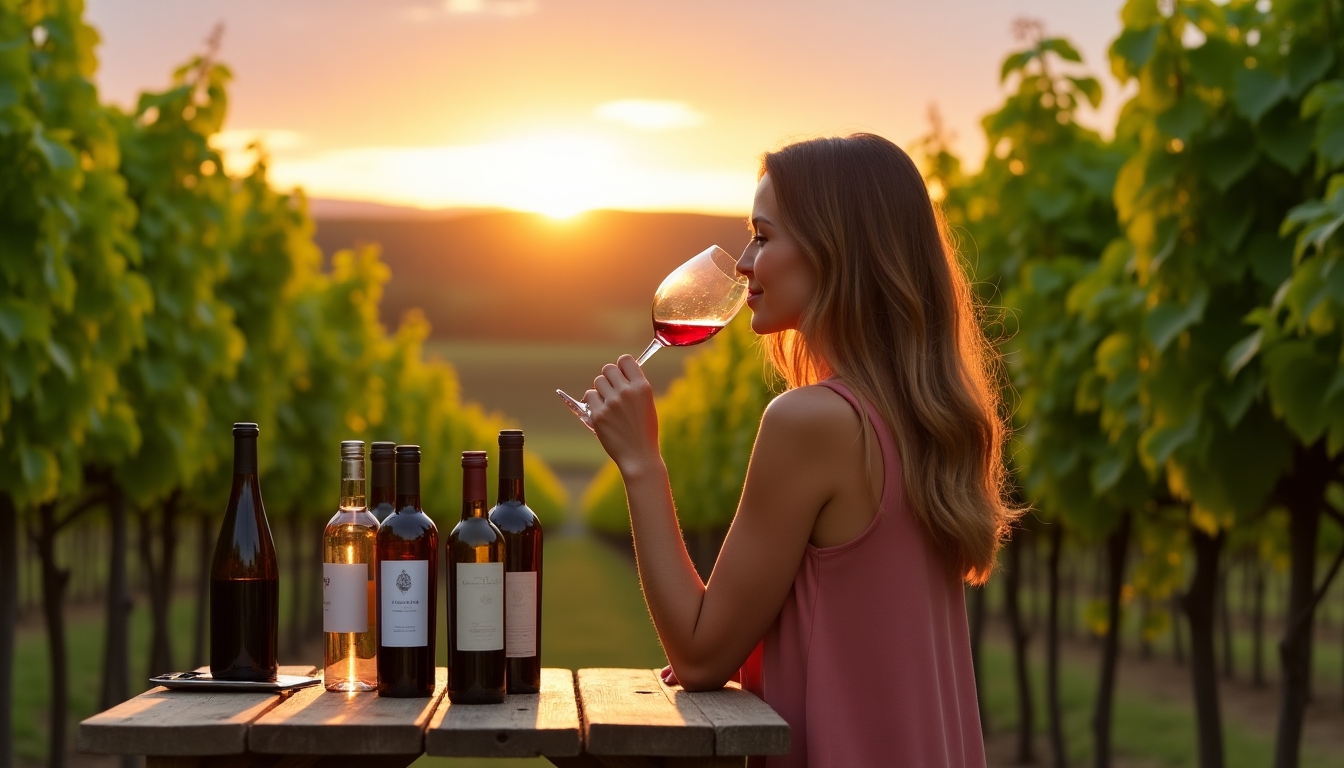A person tasting wine, holding a glass close to their nose, surrounded by bottles from various wine brands.