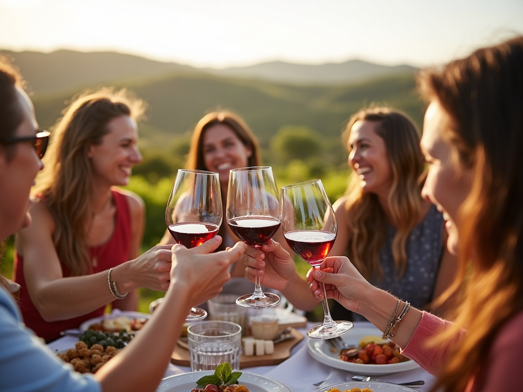 Friends toasting with Jackson Family Wines at a vineyard picnic
