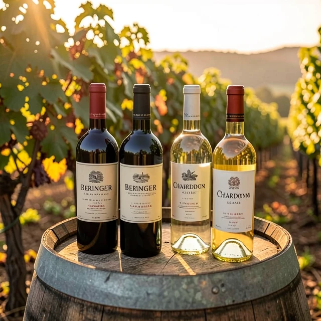 Beringer wine bottles displayed in a beautiful vineyard scene