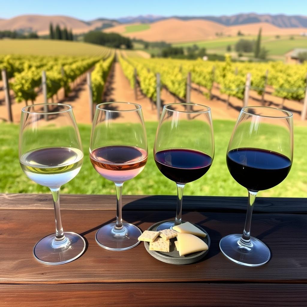 A flight of wines on a wooden table with cheeses, overlooking a Sonoma County vineyard.